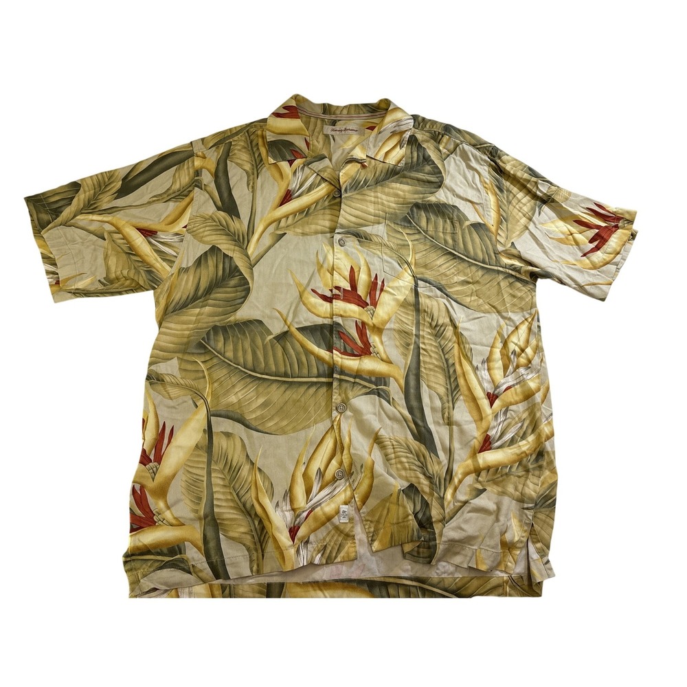 Tommy Bahama Mens Bird of Paradise Tropical Silk Camp Shirt Tan Green XL